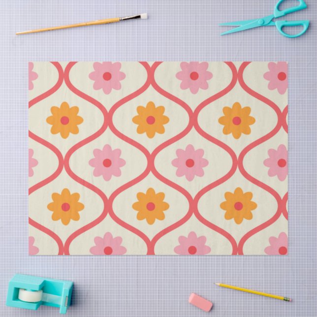 Papel De Seda Flores Retro Laranja e Rosa no Padrão Ogee (Arte )