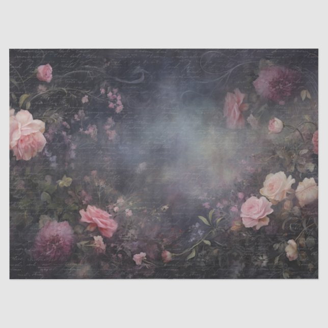 Papel De Seda Flores Rosa com Tipografia Vintage para Decoupage (Frente )