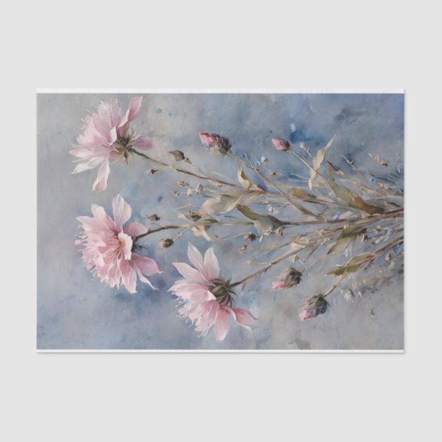 Papel De Seda Flores Rosa e Azul Decoupage Aquarela (Frente )