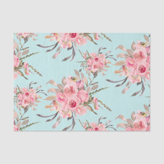 Papel De Seda Flores Rosa Esmagadas no Azul Claro (Frente )