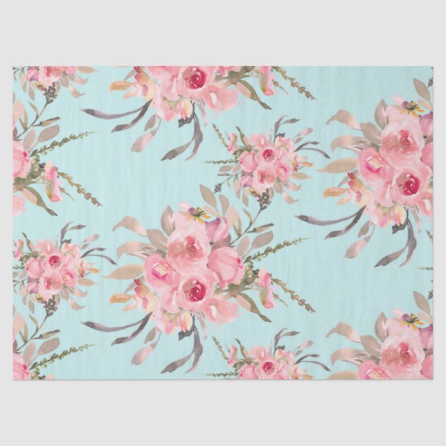 Papel De Seda Flores Rosa Esmagadas no Azul Claro (Frente )