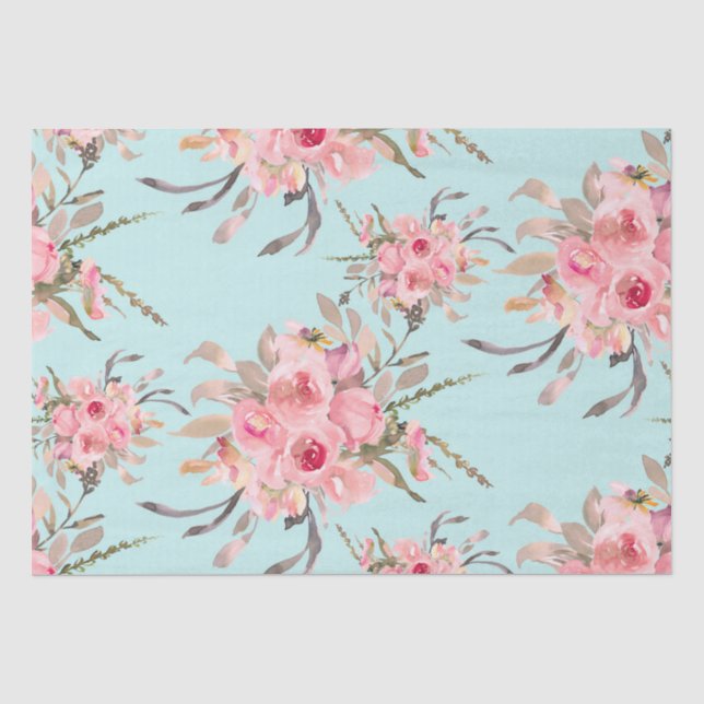 Papel De Seda Flores Rosa Esmagadas no Azul Claro (Frente )