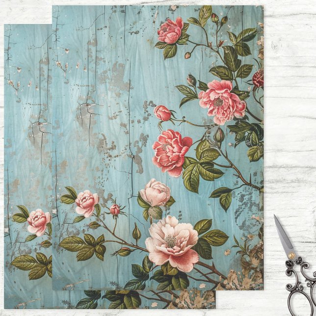 Papel De Seda Flores Rosa Russas na Decoupage de Parede Azul (Criador carregado)