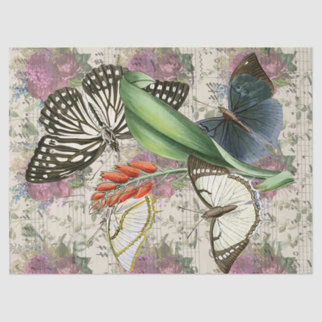 Papel De Seda Flores Roxas, Borboletas com Decoupage de Música (Frente )