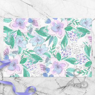 Papel De Seda Flores roxas cor-de-rosa e flores verdes esbranqui