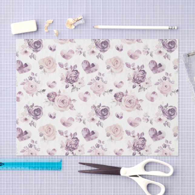 Papel De Seda Flores Roxas e Corações Aniversário (Arte )