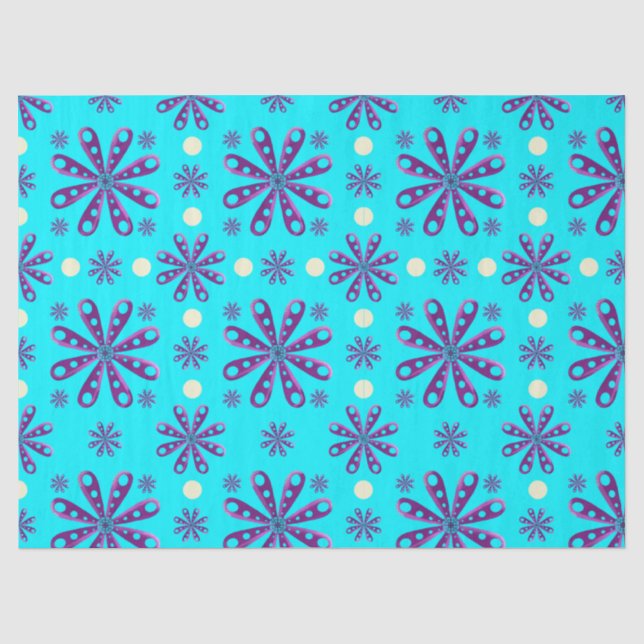 Papel De Seda Flores Roxas Retro em Fundo Azul (Frente )