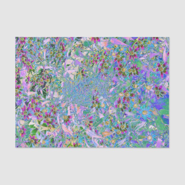 Papel De Seda Flores Roxas, Verdes e Azuis a Rosa (Frente )