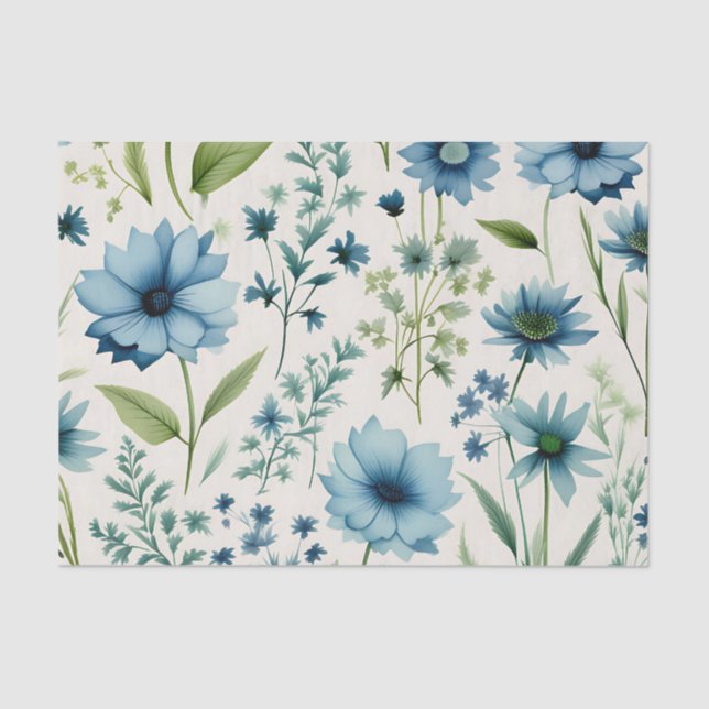 Papel De Seda Flores Selvagens Azuis E Verdes Botânicas (Frente )