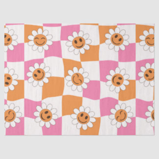 Papel De Seda Flores sorridentes retrô em tabuleiros de xadrez d