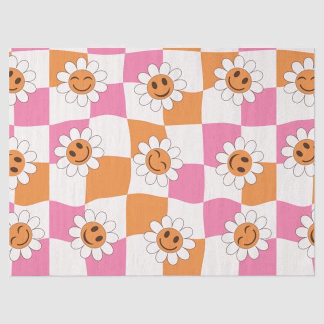 Papel De Seda Flores sorridentes retrô em tabuleiros de xadrez d (Frente )