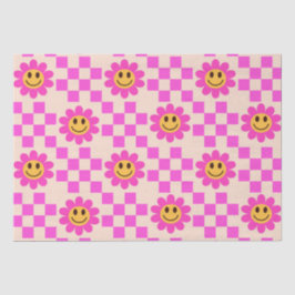 Papel De Seda Flores Sorridentes Rosa Quente Xadrez com quadrado