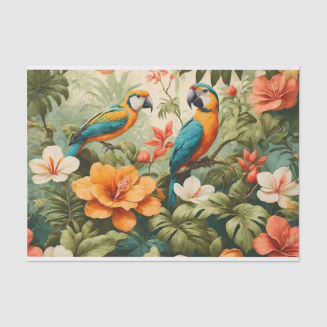 Papel De Seda Flores tropicais, plantas e papagaios (Frente )