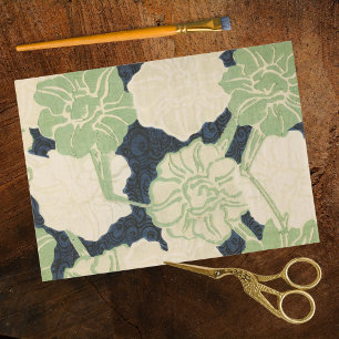 Papel De Seda Flores Verdes Azuis em Xilogravura Ukiyo-e