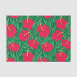 Papel De Seda Flores Vermelhas de Hibisco em Folhas Tropicais Ve