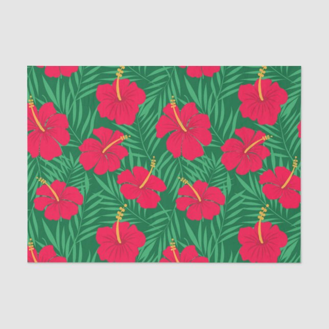 Papel De Seda Flores Vermelhas de Hibisco em Folhas Tropicais Ve (Frente )