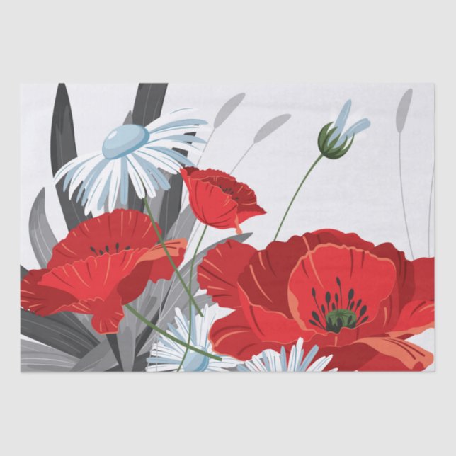 Papel De Seda Flores Vermelhas e Brancas Visitas e Poppies (Frente )