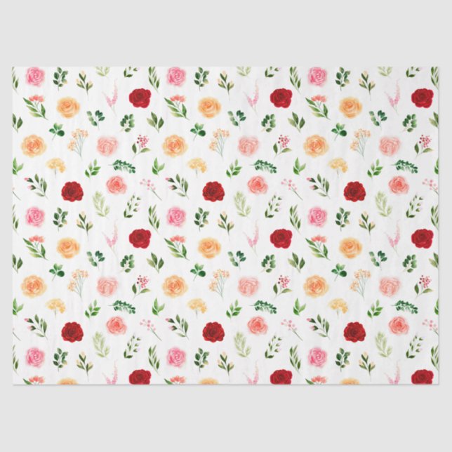 Papel De Seda Flores Vermelhas e Laranjas com Padrão de Folhagem (Frente )