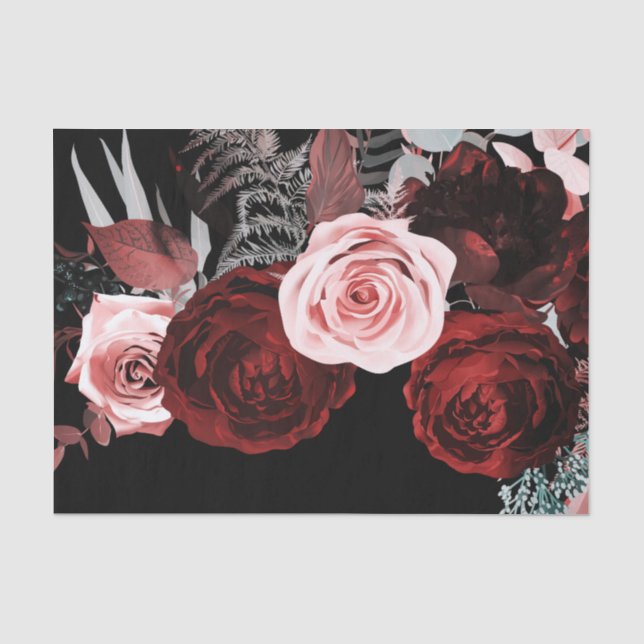Papel De Seda Flores Vermelhas Escuras e Rosadas Folhagens Flora (Frente )