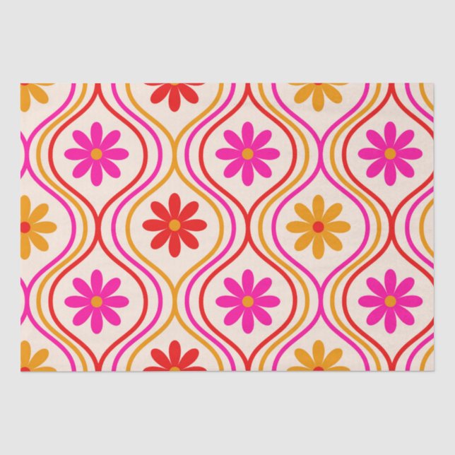 Papel De Seda Flores Vermelhas Rosa Laranja Retrô em Padrão Ogee (Frente )