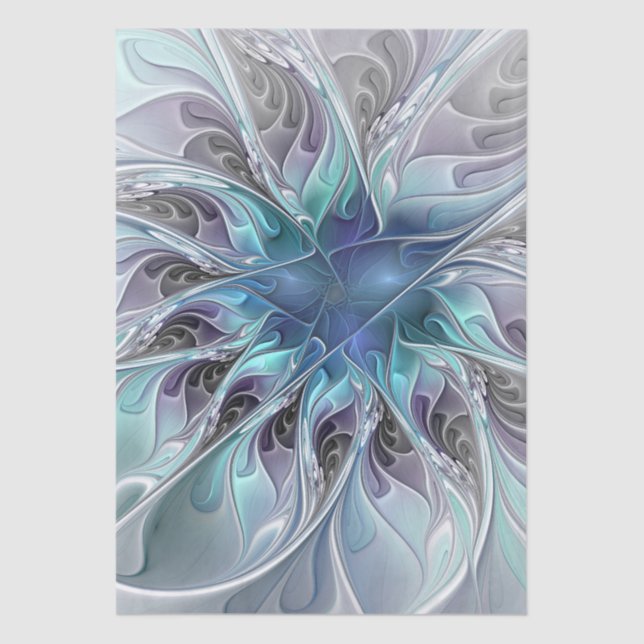 Papel De Seda Florescer Abstrato Moderno Floral Fractal Com Azul (Frente )