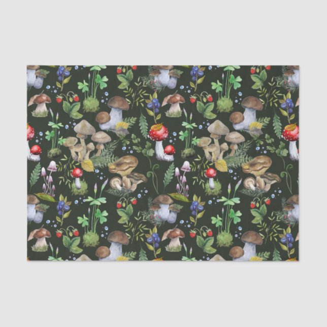 Papel De Seda Floresta de Aquarela Cogumelos Verde Berries Verde (Frente )