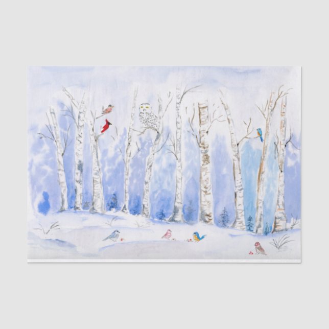Papel De Seda Floresta de Bétulas em Aquarela Com Pássaros (Frente )