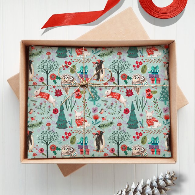Papel De Seda Floresta de inverno Blue & red Woodland (Cute woodland animals and Penguins Christmas Holiday tissue paper)