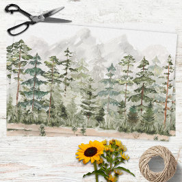 Papel De Seda Floresta de Pinheiros Verde em Aquarela na Montanh