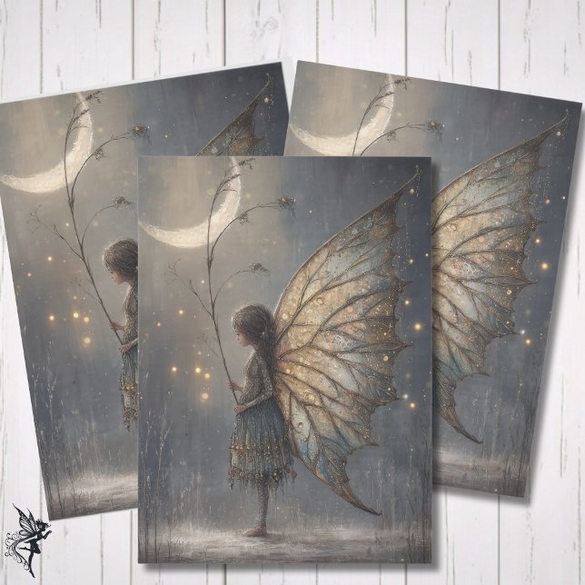 Papel De Seda Floresta Encantada Fada à Luz da Lua Aquarela (Criador carregado)