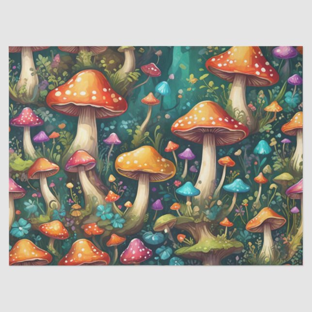 Papel De Seda Floresta Mística de Cogumelos (Frente )