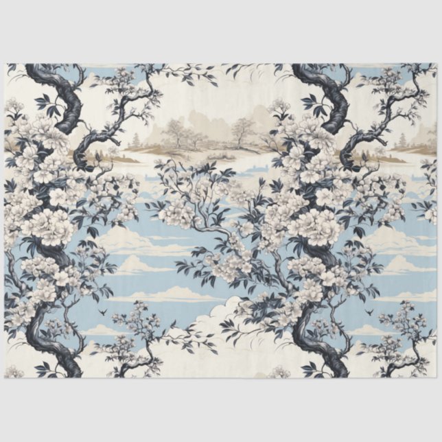 Papel De Seda Florestas Azuis e Brancas Inspiradas Asiáticas (Frente )