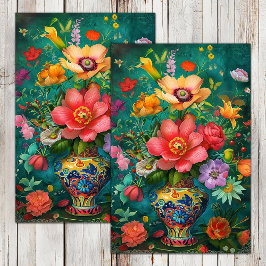 PAPEL DE SEDA FLORIDAS COLORIDAS DE PRIMAVERA EM VASO DECUPAGEM
