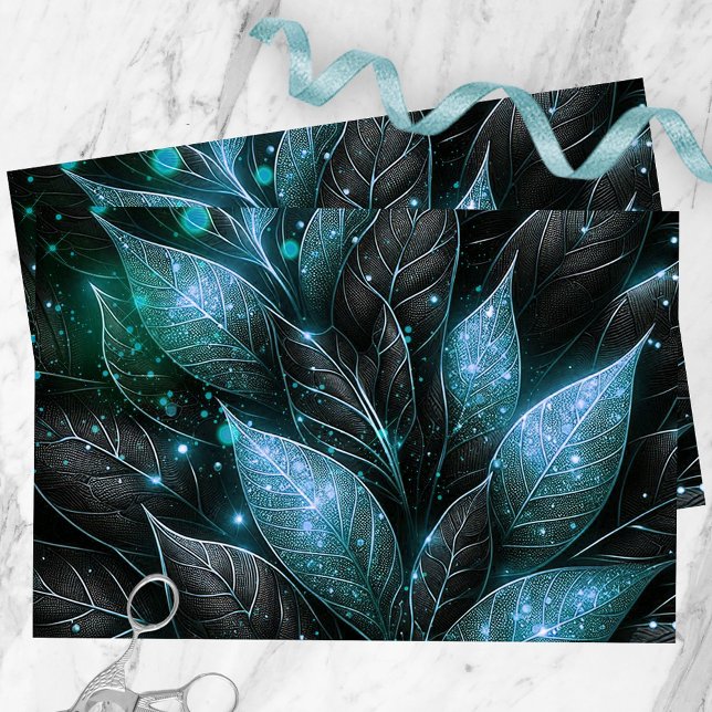 Papel De Seda Folhagem de Luxo, sofisticada, Preto-Teal, Brilhan (Criador carregado)