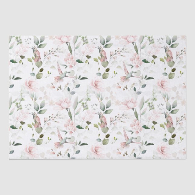 Papel De Seda Folhagem Floral Rosa, Hummingbird  (Frente )