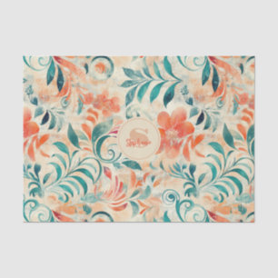 Papel De Seda Folhas Azuis Russas e Padrão Floral Vermelho-Laran
