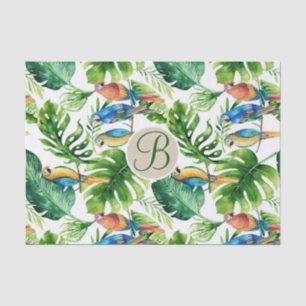 Papel De Seda Folhas de Aves Tropicais Monograma Chic Letra Inic