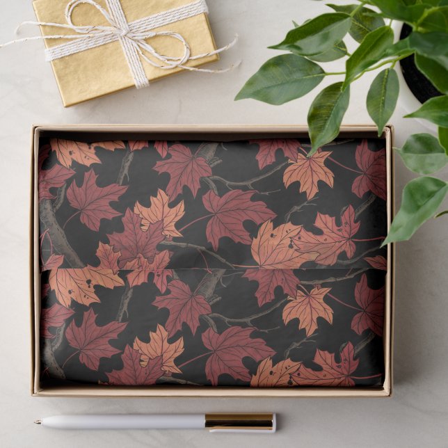 Papel De Seda Folhas de bordo de outono vermelhas sobre preto (Presente)