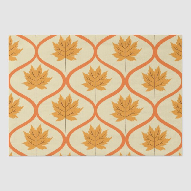 Papel De Seda Folhas de Bordo Laranja Outono em Padrão Ogee (Frente )