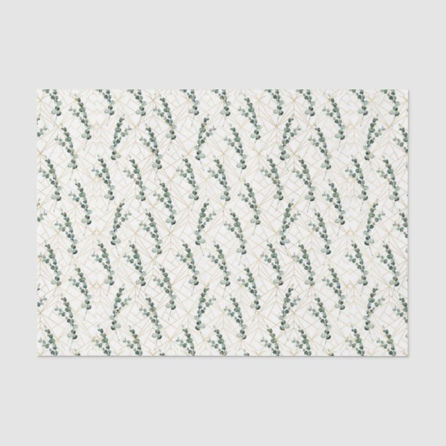 Papel De Seda Folhas de Eucalipto com Padrão Geométrico Dourado (Frente )