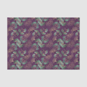 Papel De Seda Folhas de Ginkgo Douradas em Padrão Botânico Roxo