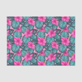 Papel De Seda Folhas de Monstera e Hibiscus Teal e Rosa a Rosa