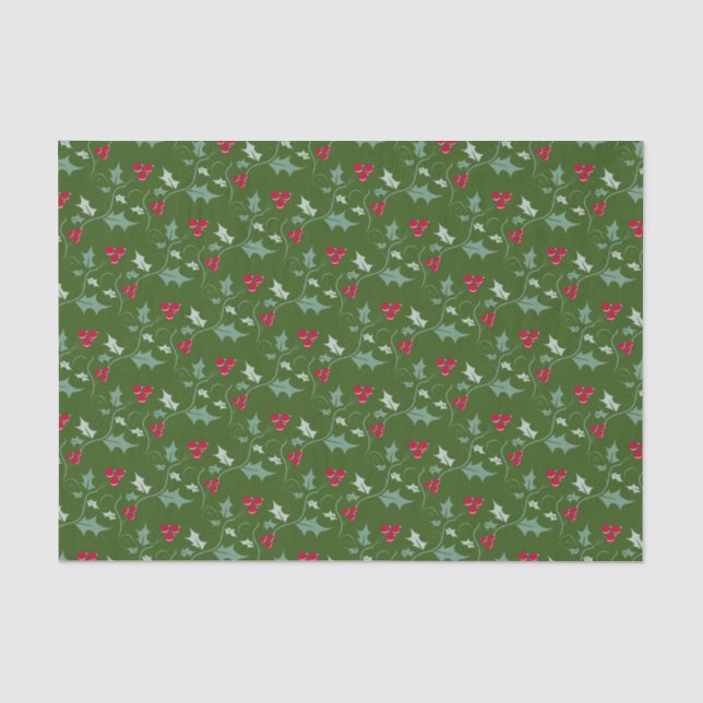 Papel De Seda Folhas de Natal e bagas vermelhas verdes (Frente )