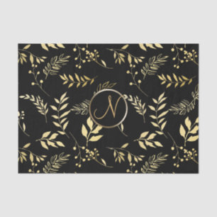 Papel De Seda Folhas de Ouro Preto Letra Inicial Monograma Chic