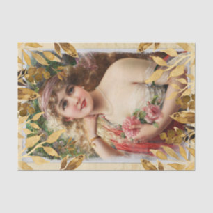 Papel De Seda Folhas de Ouro Sobrepondo Mulher Vitoriana Rosas R