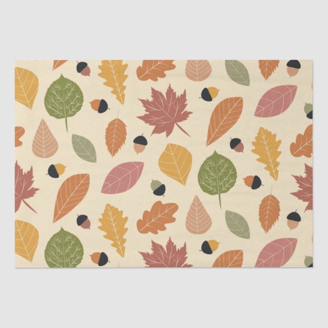 Papel De Seda Folhas de Outono Terrosas com Bolotas em bege (Frente )