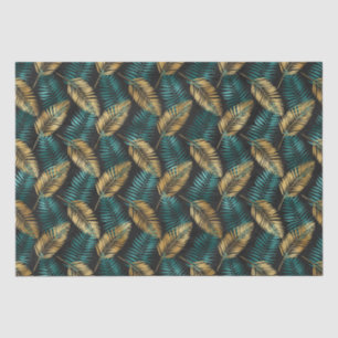 Papel De Seda Folhas de Palma em Dourado e Azul   Padrão Tropica