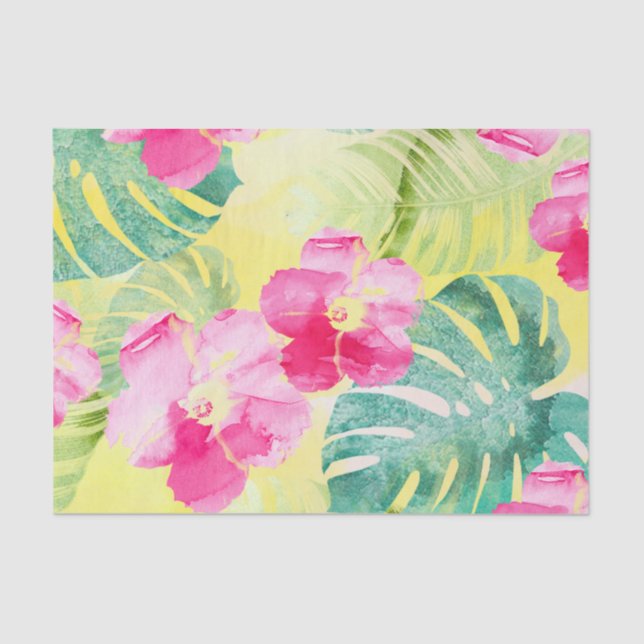 Papel De Seda Folhas de Palma Tropicais e Flores de Hibiscus (Frente )