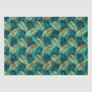 Papel De Seda Folhas de Palma Verde-azulado Dourado   Padrão Tro