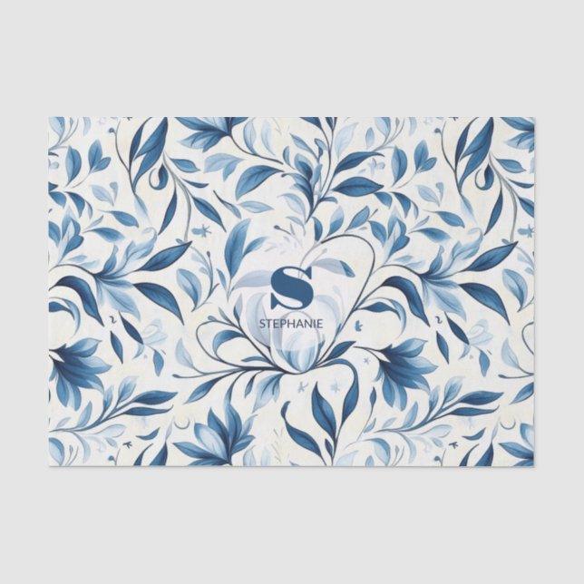 Papel De Seda Folhas de salsa azul Elegante - Fundo branco (1) (Frente )